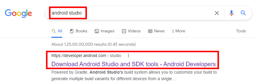 Search and Download Android studio from Google.com