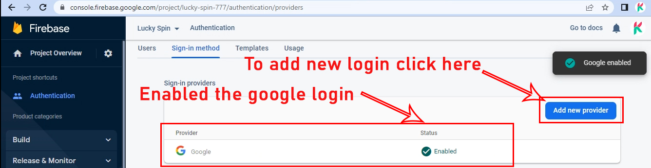 firebase authentication google login enabled in firebase console