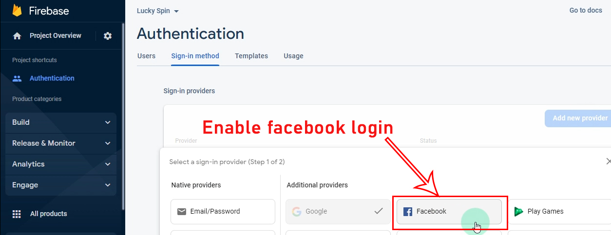 enable facebook login firebase authentication google login enabled in firebase console