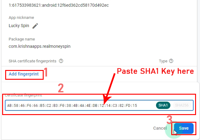 paste sha1 in firebase console key from latest android studio