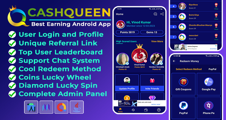 CashQueen - Play Games, Watch Videos, Make Survey And Earn Money With Admin Panel